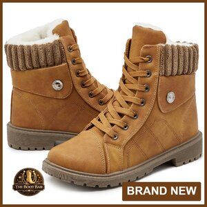 Women's Ankle Combat Boots Fuzzy Lace Up Snow Boots Winter